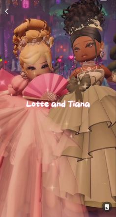 two dolls are dressed in dresses and holding umbrellas with the caption lette and tiara