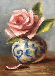 a painting of a pink rose in a blue and white vase