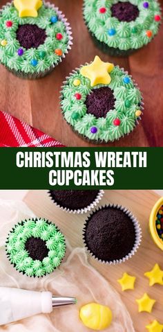 christmas wreath cupcakes with green frosting and sprinkles