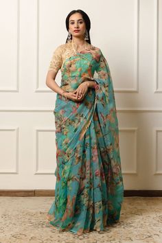 Turquoise saree featuring flora print all over. Comes with an unstitched blouse piece. - Aza Fashions Turquoise Saree, Flora Print, Blossom Print, Green Saree, Blue Saree, Printed Sarees, Blouse Piece, Aza Fashion, Blossom