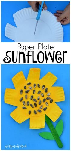 the paper plate sunflower is made with construction paper and then cut out to make it