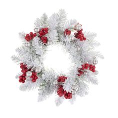 a white christmas wreath with red and silver decorations