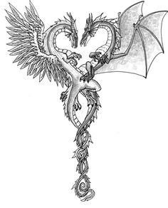 a drawing of a dragon with wings on it's head and tail, in the shape of a heart