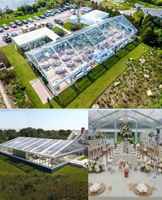 an aerial view of the wedding venue and reception tables in clear tented areas with white linens