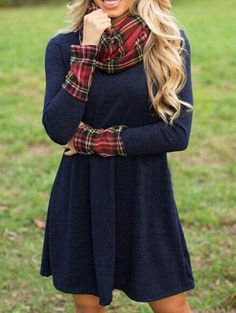 Contrast Cuff Plaid Shift Dress With Scarf Cheap Dresses Long Sleeve, Cold Fashion, Long Sleeve Cocktail Dress, Long Sleeve Dresses, Party Dress Long Sleeve, Sammy Dress, Fall Family, Sleeve Dresses