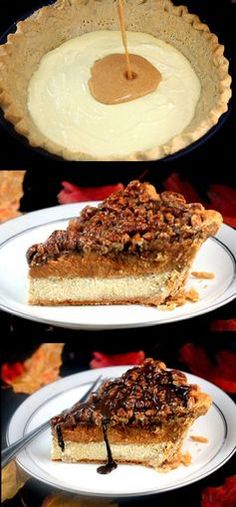 three different slices of pie sitting on plates