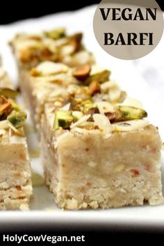 A row of vegan barfi cubes garnished with nuts Indian Dessert Recipes, Indian Sweet, Indian Desserts, Indian Sweets, Holy Cow, Vegan Condiments, Vegan Sweets, Sweets Desserts, Gluten Free Desserts