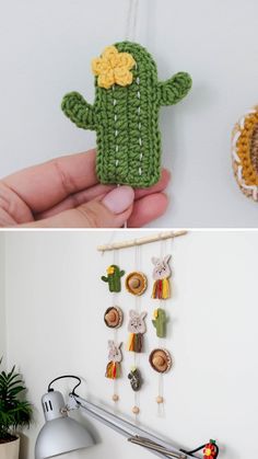 crocheted cactus ornament hanging on the wall next to a pot holder