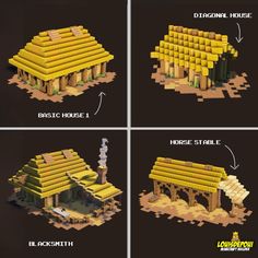 four different views of the same building with instructions on how to build it in minecraft