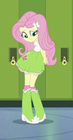 the pink haired girl is standing in front of green lockers with her hands on her hips