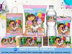 dora birthday party package with water bottle, bags and balloons