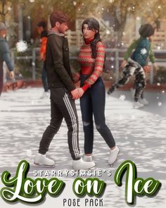 a man and woman walking in the snow with text that reads, love on ice poe pack