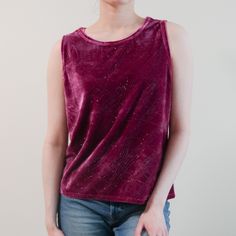 This is a women's pink velvet top straight from the 90s. Soft and shiny fabric with rhinestones. Brand name is Linnea. -------------------------------------------------- Measurments (laying flat): ▵ Armpit to armpit - 19.75" / 46 cm ▵ Shoulder to shoulder - 13.75" / 35 cm ▵ Length - 22" / 56 cm -------------------------------------------------- Condition - 5/5. Fabric: 96% polyester, 4% spandex. Size: fits S-M, model size is S. -------------------------------------------------- If you need some more information about this item, please contact me. Velvet Sleeveless Blouse, Pink Velvet Top, 2000s Style, Velvet Shirt, Shiny Fabric, Velvet Top, 90s 2000s, Retro Women, Velvet Tops