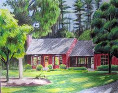 a drawing of a red house with trees in the foreground and green grass on the ground