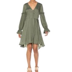 About This Item Fabric Self: 77% Viscose, 23% Nylon; Lining: 100% Polyester Imported Zipper Closure Hand Wash V-Neck High-Low Hemline Description Made From Silky Jacquard Shirting, This Breezy Dress Has A Deep V-Neckline, Long Poet Sleeves, And A Full, High-Low Hemline. Color Dustyolive. Olive Long Sleeve Midi Dress, Elegant Long Sleeve Olive Dress, Spring Long Sleeve Olive Dress, Olive Long Sleeve Party Dress, Long Sleeve Olive Dress For Spring, Olive Long Sleeve Dress For Spring, Spring Olive Long Sleeve Dress, Olive Fitted V-neck Dress, Elegant Olive Knee-length Dress