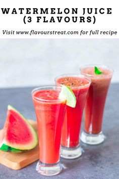 three glasses filled with watermelon juice on top of a cutting board