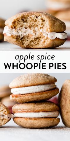 apple spice whoopie pies stacked on top of each other with the title overlay