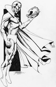 a black and white drawing of a man dressed as superman