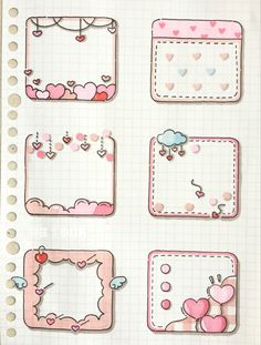 a notebook with some pictures on it and hearts around the edges that are pink, blue, and white