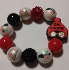 Elastic bracelet red, black, white beads. (See pics) Christmas Story Bracelet, Bubblegum Beads, Christmas Bracelet, Christmas Story, Grinch Christmas, Dec 8, Elastic Bracelet, Christmas Earrings, A Christmas Story