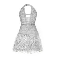 Get that desired after-dark glamour in this silver sparkling mini dress. It features an open décolletage embellished with silver trimming and open back with a zipper. The lower part of the dress is crafted from soft feathers. Style it with contrast color high-heels for modern and glamorous take.  Fully lined Invisible zip in the back Button neck fastening  Handmade in Europe Composition: 100% Polyester Product Care: Dry clean only Silver Glitter Mini Dress, Silver Dance Outfit, Concert Stage Outfits, After Party Outfit, Taylor Fits, Debut Era, After Party Dress, Dark Glamour, Silver Party Dress