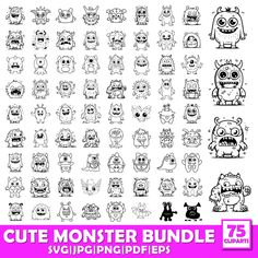 the cute monster bundle is shown in black and white, with an additional set of monsters