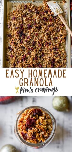 homemade granola in a glass bowl with cranberries on the side