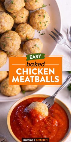 easy baked chicken meatballs with marinara sauce in a white bowl and on a plate