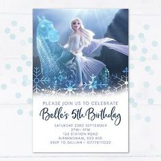 an image of a birthday card with a mermaid and snowflakes in the background