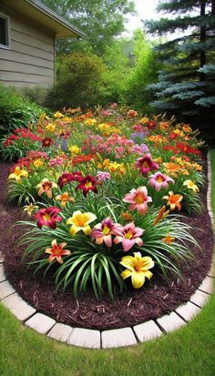 a flower garden with lots of colorful flowers in it