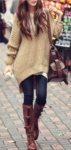 #fall #fashion / oversized knit + boots Kimono Lingerie, 가을 패션, Fall Fashion Outfits, Fashion Mode, Sweaters Oversized, Fall Winter Outfits