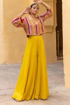 Buy Pink Silk Cowl Asymmetric Draped Tunic And Pant Set For Women by Rajdeep Ranawat Online at Aza Fashions. Sharara Pants With Crop Top, Striped Mirror, Yellow Blouse, Floral Jacket, Print Crop Tops