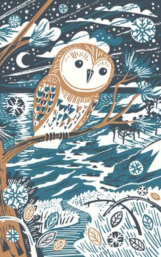 an owl sitting on top of a tree branch in the night sky with stars and snow