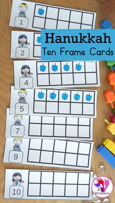 the hanukkah ten frame cards are shown with legos and building blocks