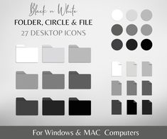 the black and white folderr, circle and file desktop icons for windows & mac computers