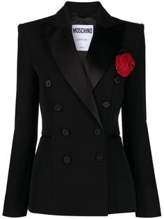 black virgin wool floral appliqué wide peak lapels double-breasted button fastening two front jetted pockets long sleeves buttoned-cuff sleeves straight hem Luxury Designer Long Sleeve Blazer, Luxury Gothic Formal Blazer, Luxury Embroidered Long Sleeve Blazer, Designer Embellished Black Blazer, Moschino Blazer, Chloe 2024, Moschino Jacket, Woman In Suit, Perfect Jacket