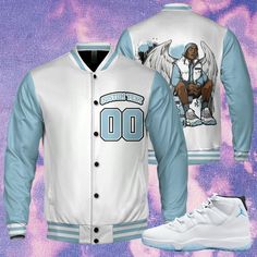 Varsity Jacket/Baseball Jacket to match your sneakers - Outfit for your dope kicks.  Don't know what to wear with your sneakers? Style up your style with custom varsity jacket to match sneakers! ------------------------ 🌟 Delivery:  - The item should be in processing within 2-4 days and ready for shipping in next 4-7 business days in USA (10-25 business days for rest of worldwide).  - If unforeseen circumstances arise and you have not received your item within this time frame, PLEASE CONTACT US - We are Happy to Assist! We appreciate your business and your patience! 🌟 Product Details:  - 100% high-grade Polyester Knit Fabric. Not too thin and not too thick, a true midweight jacket that you can wear for more style and fashion points. - Inner lining: Black windproof fabric to keep you warm Legend Blue 11 Outfit, Legend Blue 11, Aj 11, Custom Varsity Jackets, Jacket Baseball, Don't Know What To Wear, Quoi Porter, Windy Weather, Tablet Screen