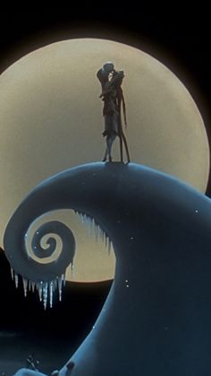 a man standing on top of a wave in front of a full moon with icicles