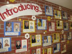 a brick wall covered in pictures and magnets with the words,'introduce'written on it