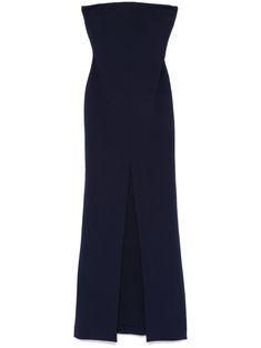 navy blue stretch-design crepe texture concealed rear hook and zip fastening strapless front slit full lining straight hem full-length London Women, Gown Blue, Solace London, Crepe Gown, Full Length Gowns, Wardrobe Edit, Ladies Of London, Stretch Crepe, Maxi Dress Blue