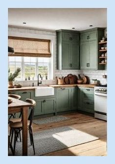 a kitchen filled with lots of green cabinets and counter top space next to a white stove top oven