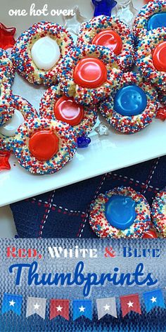 red, white and blue sprinkled cookies on a plate with an american flag banner