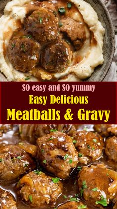 meatballs and gravy in a bowl with mashed potatoes