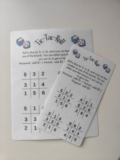 two pieces of paper with numbers and dices on them