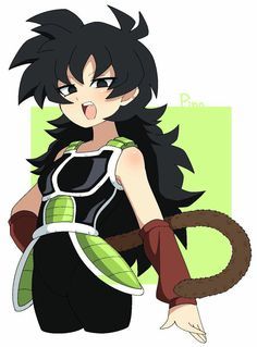 an anime character with black hair and green eyes holding a large object in her hand