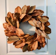 a close up of a wreath on a door with leaves hanging from the front and side