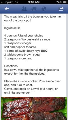 an iphone screen showing the instructions for how to make crock pot ribs