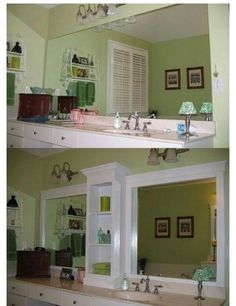 before and after shots of a bathroom with green walls, white cabinets and counter tops