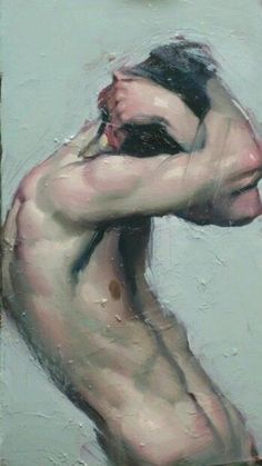 a painting of a shirtless man with his hands on his head and arms behind his back