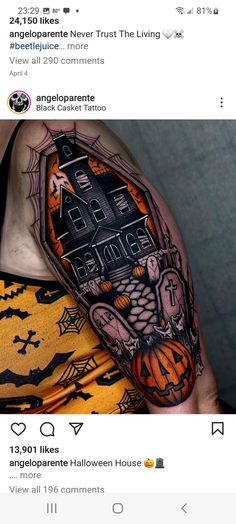 a man with a tattoo on his arm holding a pumpkin and spider webcammer